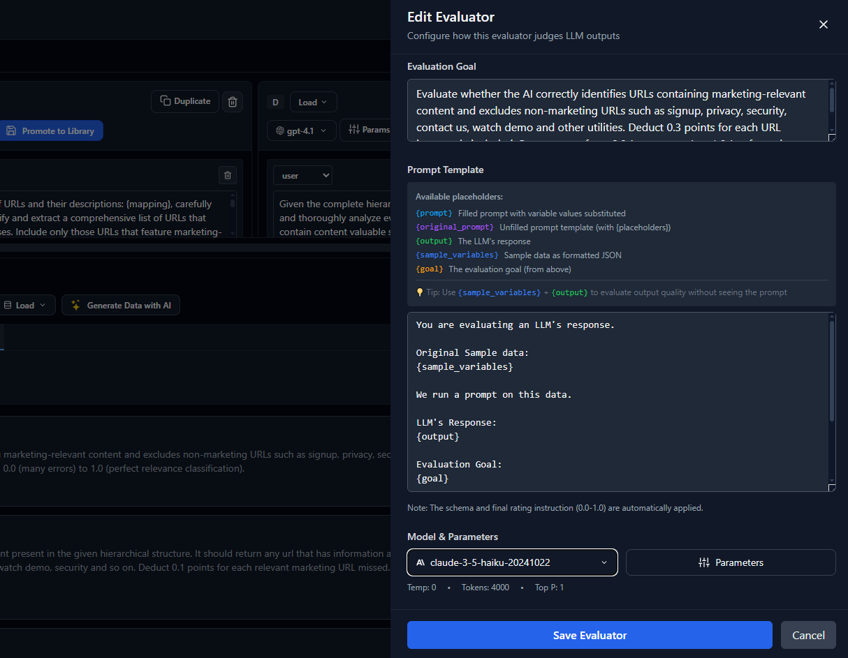 Evaluator editing interface showing how to configure context, input variables, data samples, prompts, and output formats for LLM-based scoring