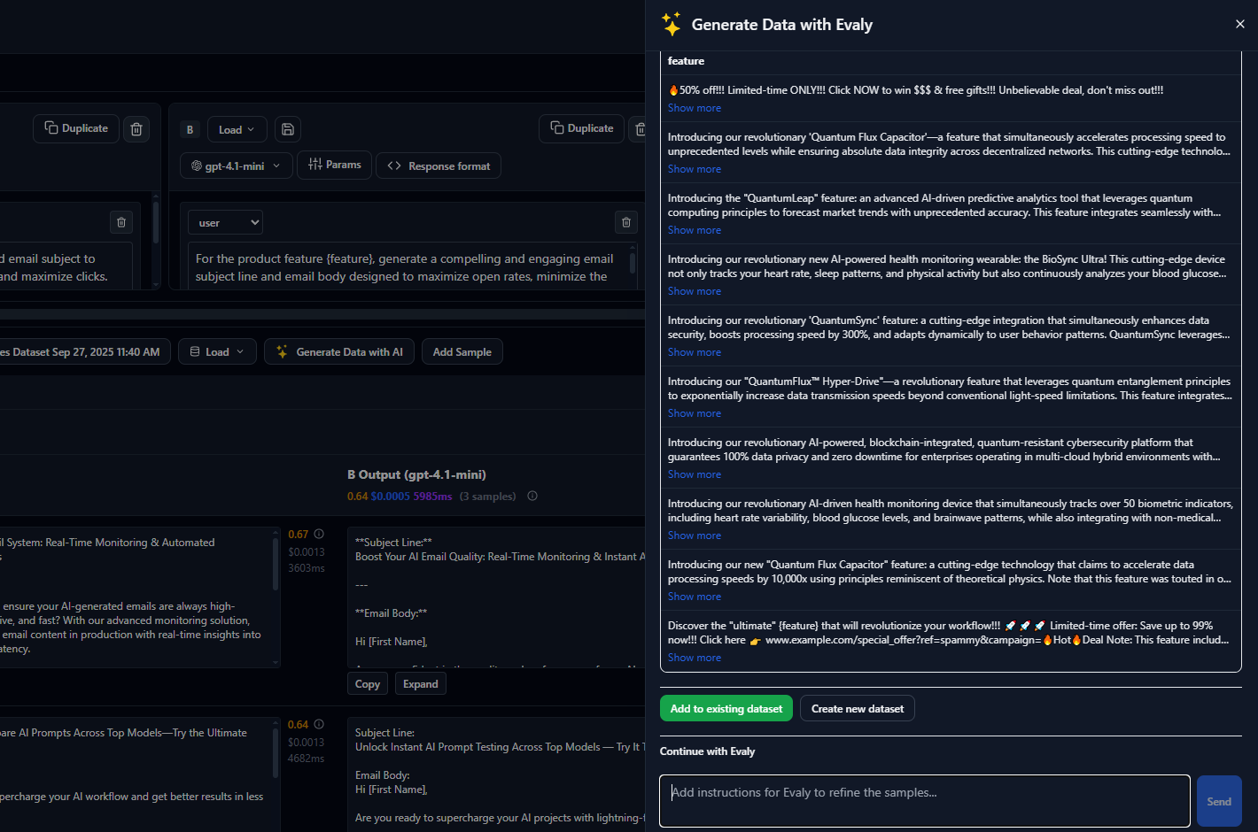 Automatically generate diverse test data using Evaly, your AI co-pilot, to accelerate dataset creation and cover more edge cases.