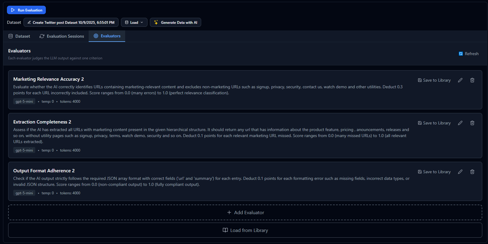 Playground interface showing multiple evaluators configured together - each evaluator assessing different quality dimensions like helpfulness, accuracy, and tone for comprehensive evaluation